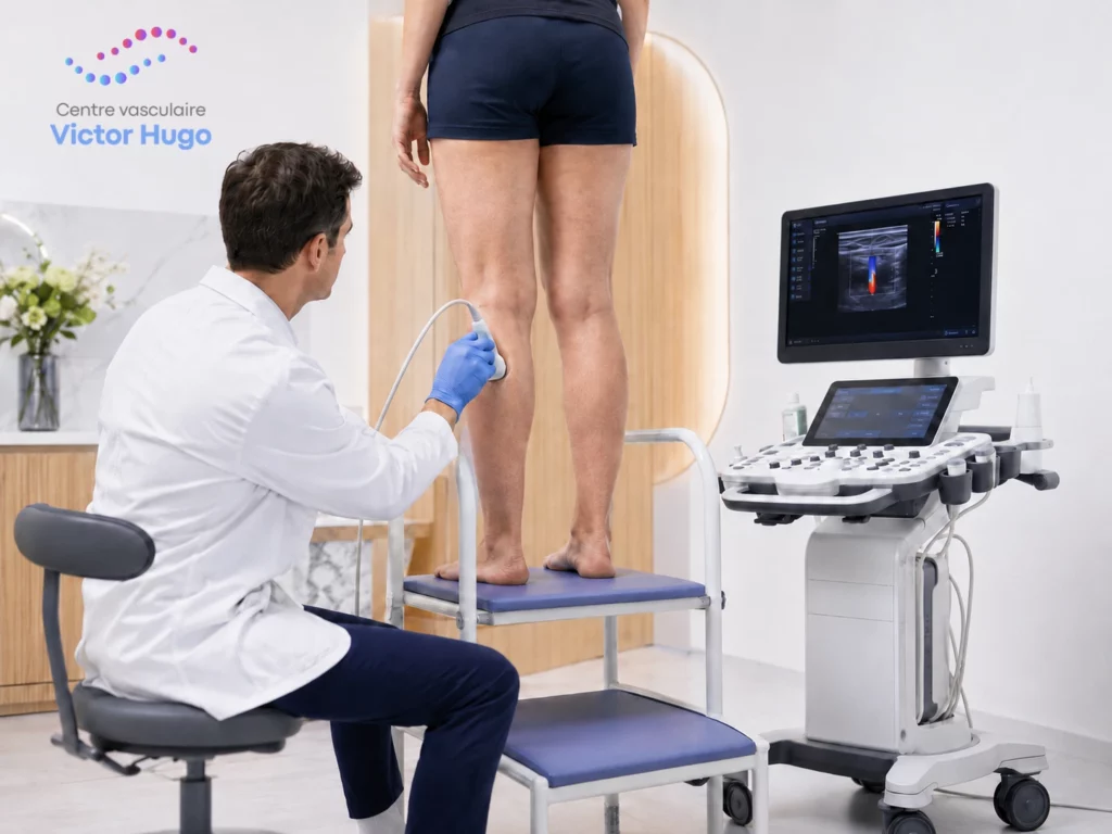Écho-Doppler veineux des jambes réalisé en position debout sur un escabeau de phlébologie, au Centre vasculaire Victor Hugo