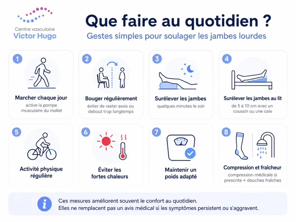 Gestes du quotidien pour soulager les jambes lourdes : marcher, surélever les jambes, éviter la chaleur, porter une compression médicale