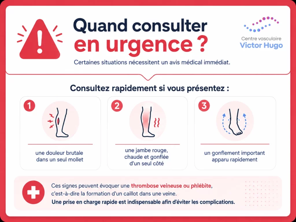 Les trois signes d'alerte d'une phlébite : douleur brutale dans un seul mollet, jambe rouge et chaude, gonflement important apparu rapidement