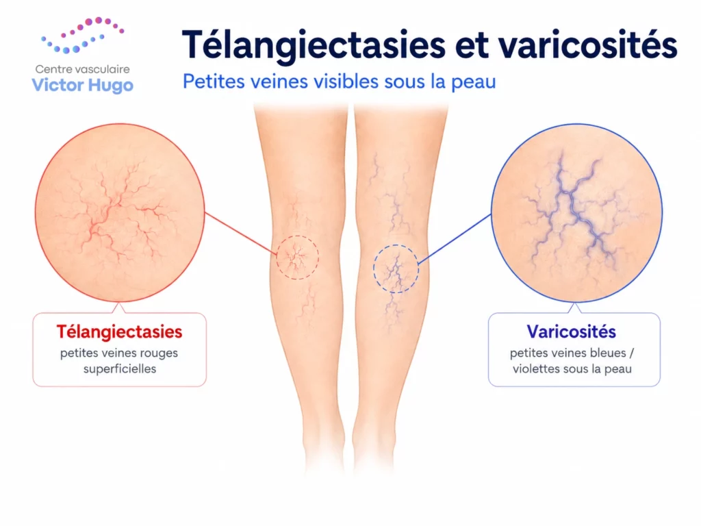 Illustration comparant les télangiectasies et les varicosités : petites veines rouges ou bleu violacé visibles sous la peau des jambes