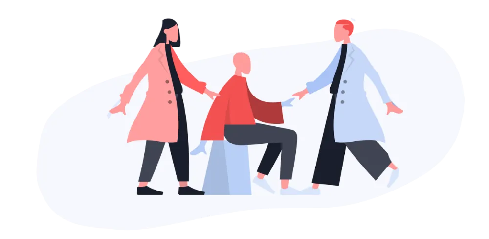 Illustration : une patiente accompagnée par deux médecins